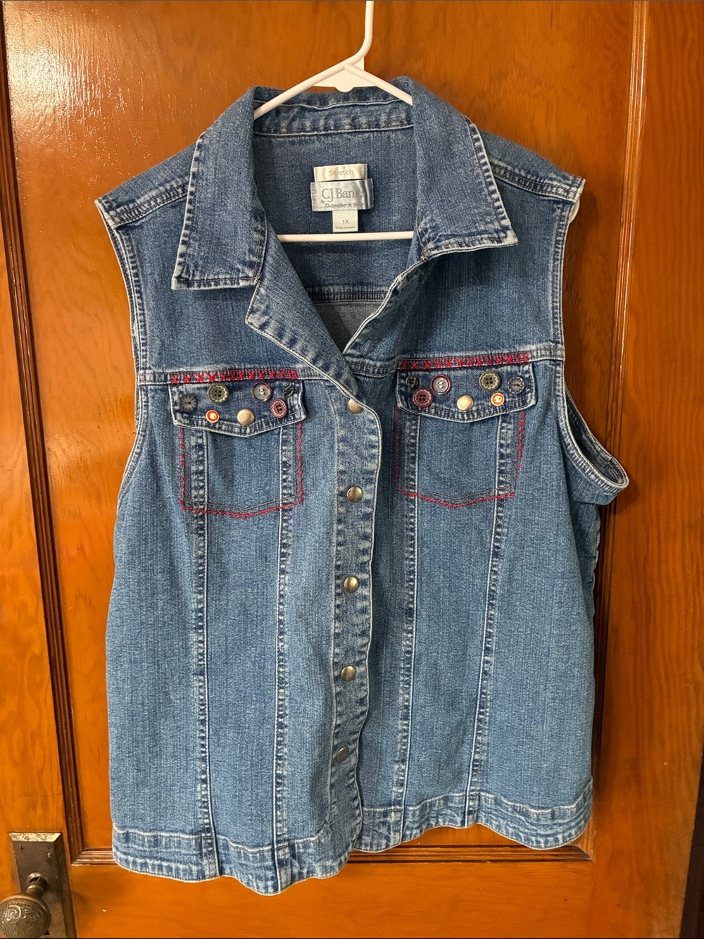 #44 - CJ Banks Embroidered Denim Snap Front Denim Vest